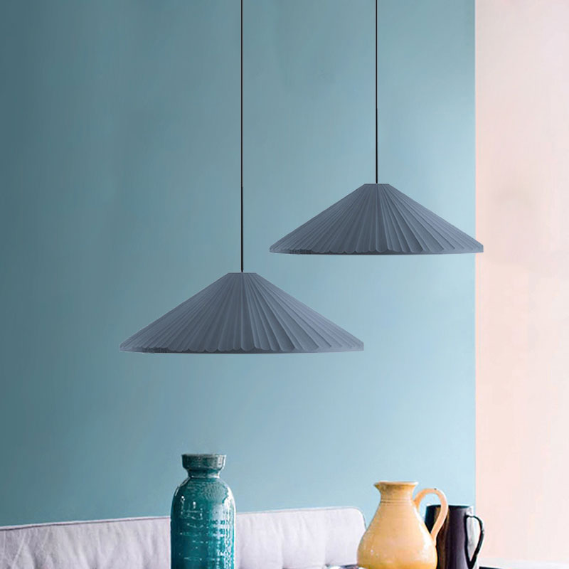 White/Pink/Blue Ribbed Cone Pendant Light Nordic Style 1 Light Living Room Hanging Lamp, 8"/12.5"/16" Diameter