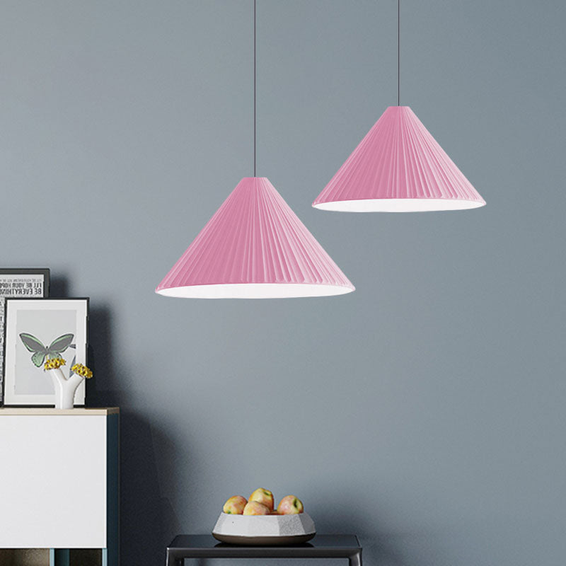 White/Pink/Blue Ribbed Cone Pendant Light Nordic Style 1 Light Living Room Hanging Lamp, 8"/12.5"/16" Diameter