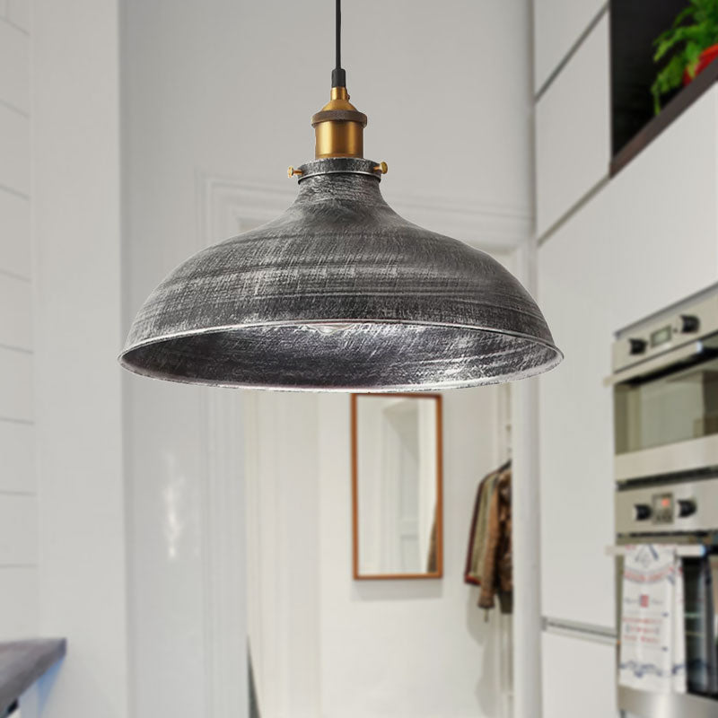 Silver Gray 1 Bulb Pendant Lamp Antique Style Metal Bowl Shade Hanging Light with Plug-In Cord