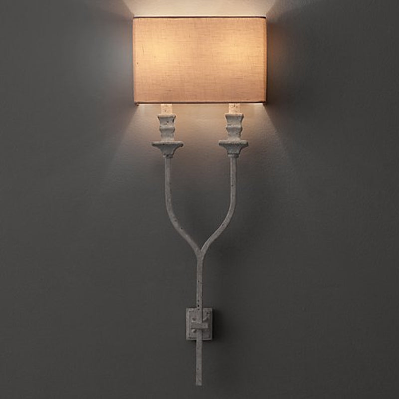 2-Bulb Fork Shape Wall Sconce Countryside White/Rust Finish Metal Wall Light Fixture with Rectangle Fabric Shade