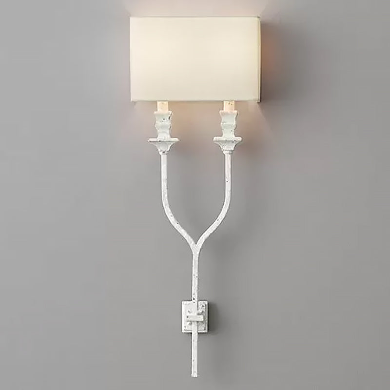 2-Bulb Fork Shape Wall Sconce Countryside White/Rust Finish Metal Wall Light Fixture with Rectangle Fabric Shade
