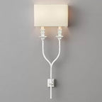 2-Bulb Fork Shape Wall Sconce Countryside White/Rust Finish Metal Wall Light Fixture with Rectangle Fabric Shade