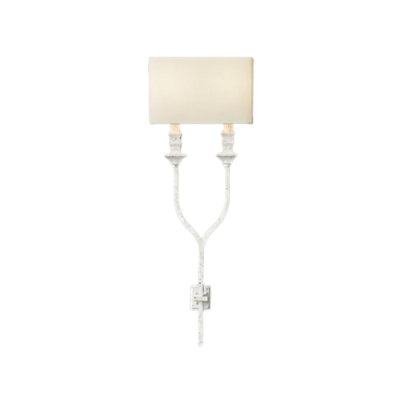 2-Bulb Fork Shape Wall Sconce Countryside White/Rust Finish Metal Wall Light Fixture with Rectangle Fabric Shade