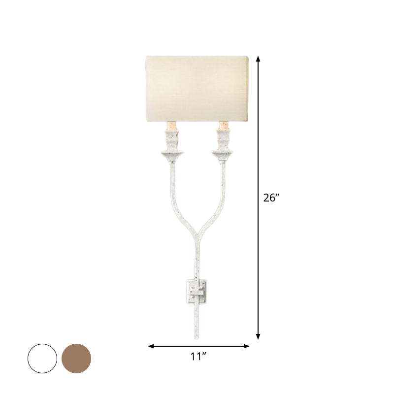 2-Bulb Fork Shape Wall Sconce Countryside White/Rust Finish Metal Wall Light Fixture with Rectangle Fabric Shade