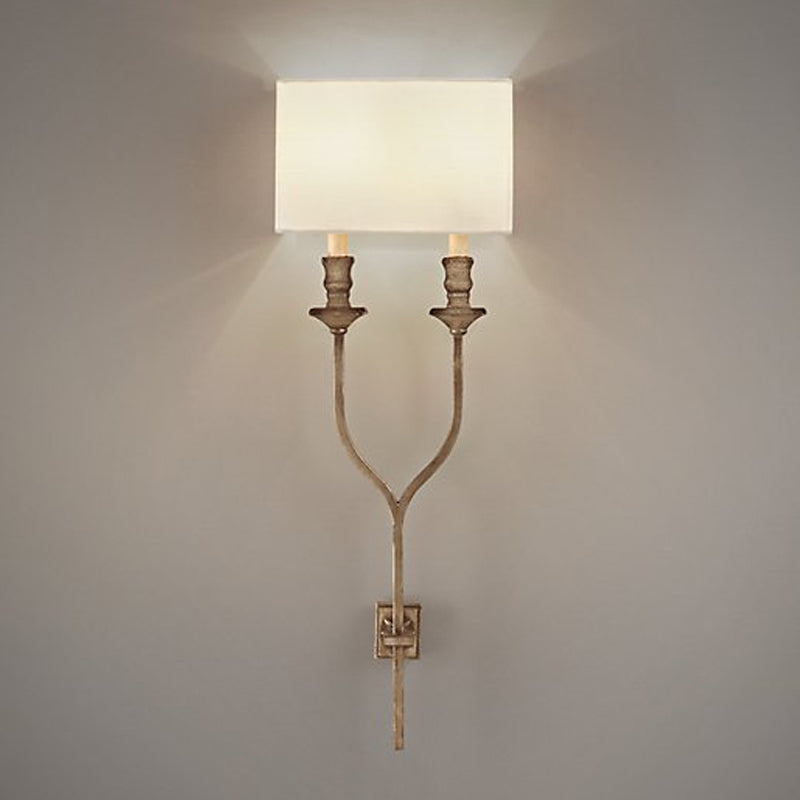 2-Bulb Fork Shape Wall Sconce Countryside White/Rust Finish Metal Wall Light Fixture with Rectangle Fabric Shade