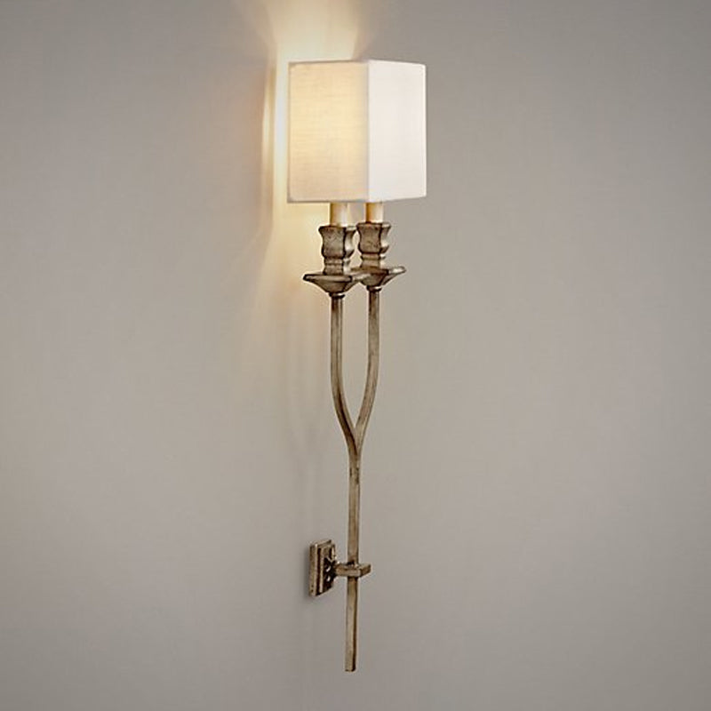 2-Bulb Fork Shape Wall Sconce Countryside White/Rust Finish Metal Wall Light Fixture with Rectangle Fabric Shade