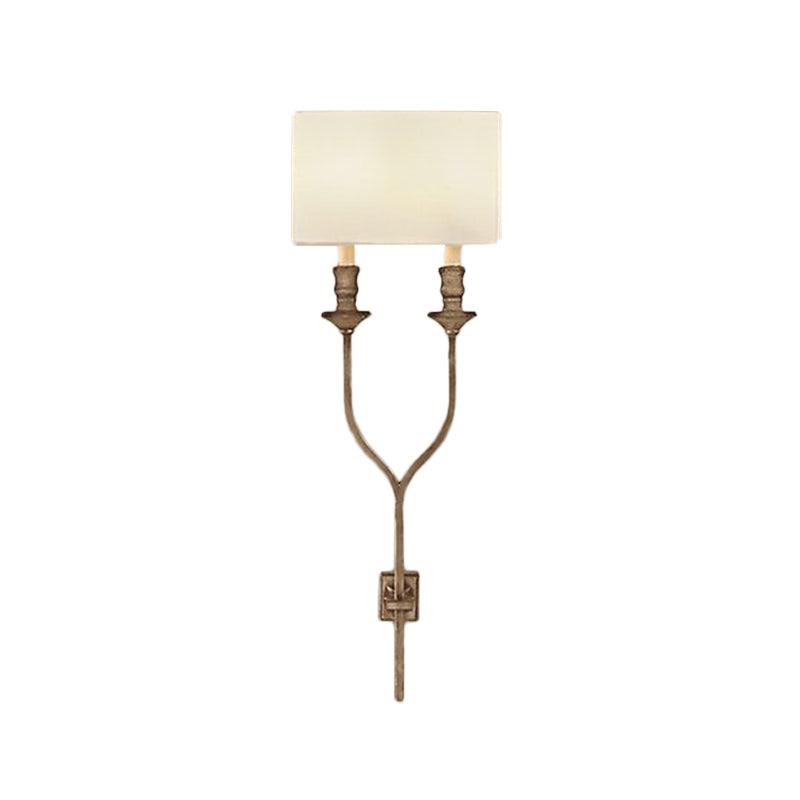 2-Bulb Fork Shape Wall Sconce Countryside White/Rust Finish Metal Wall Light Fixture with Rectangle Fabric Shade