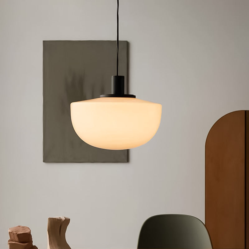 Minimalist Dome Down Lighting White Glass 1 Bulb Dining Table Ceiling Pendant Lamp in Black