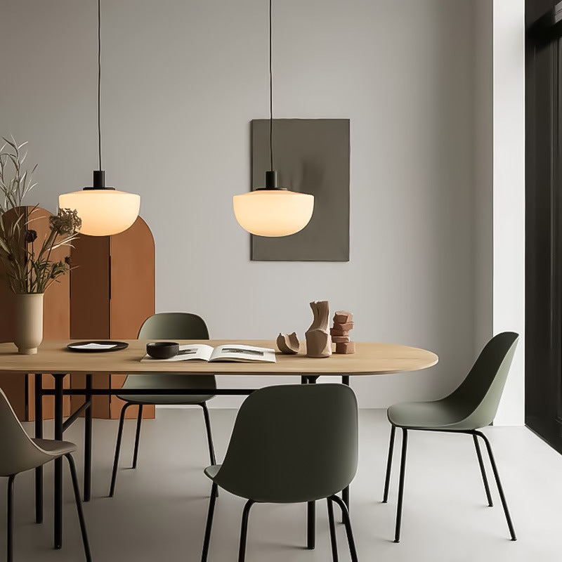 Minimalist Dome Down Lighting White Glass 1 Bulb Dining Table Ceiling Pendant Lamp in Black