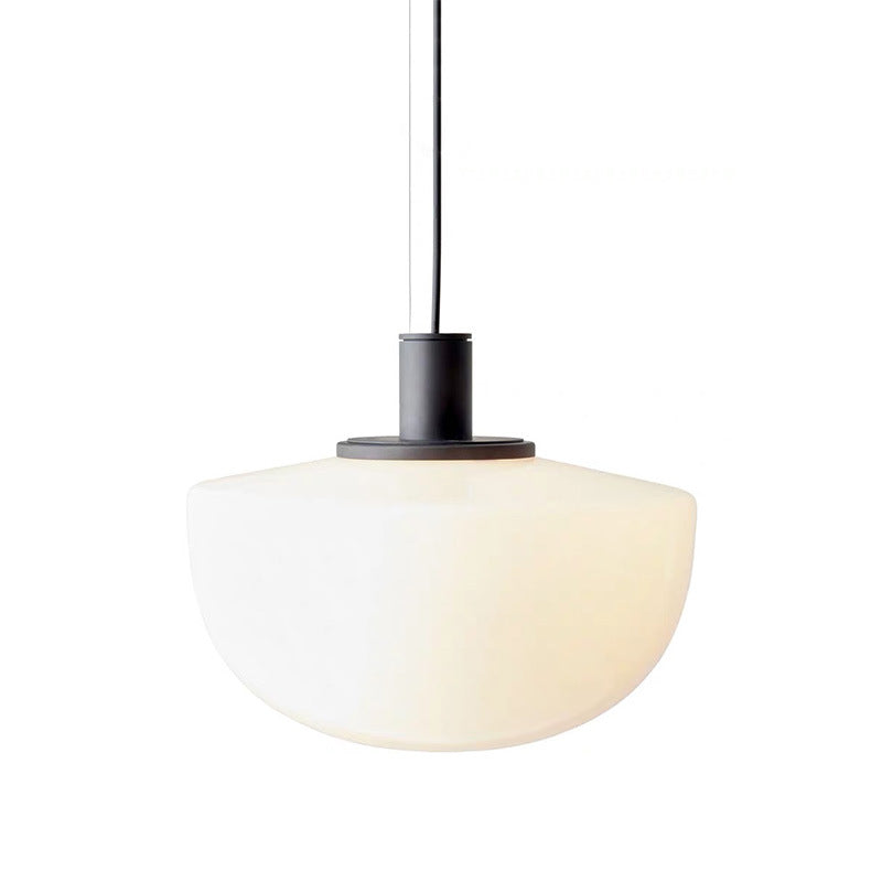 Minimalist Dome Down Lighting White Glass 1 Bulb Dining Table Ceiling Pendant Lamp in Black