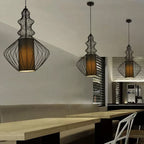 Gourd Shaped Iron Pendant Lighting Retro 1 Bulb Dining Room Ceiling Hanging Lantern with Fabric Shade Inside in Black