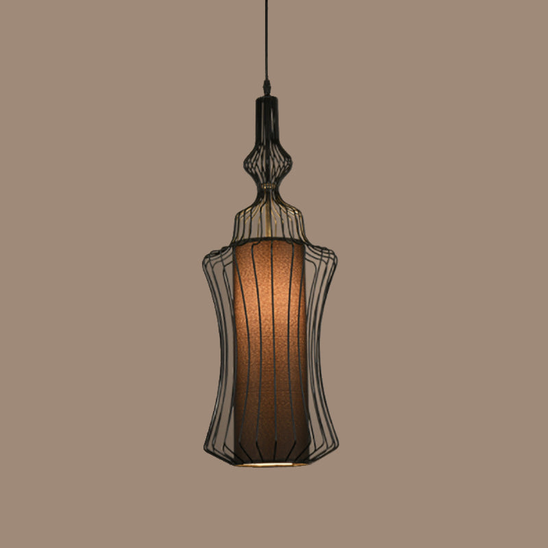Gourd Shaped Iron Pendant Lighting Retro 1 Bulb Dining Room Ceiling Hanging Lantern with Fabric Shade Inside in Black