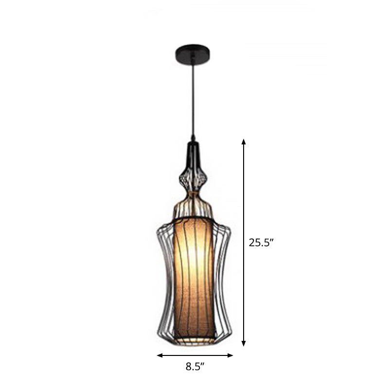 Gourd Shaped Iron Pendant Lighting Retro 1 Bulb Dining Room Ceiling Hanging Lantern with Fabric Shade Inside in Black