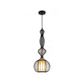 Gourd Shaped Iron Pendant Lighting Retro 1 Bulb Dining Room Ceiling Hanging Lantern with Fabric Shade Inside in Black