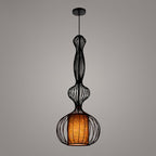 Gourd Shaped Iron Pendant Lighting Retro 1 Bulb Dining Room Ceiling Hanging Lantern with Fabric Shade Inside in Black