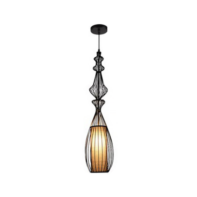 Gourd Shaped Iron Pendant Lighting Retro 1 Bulb Dining Room Ceiling Hanging Lantern with Fabric Shade Inside in Black