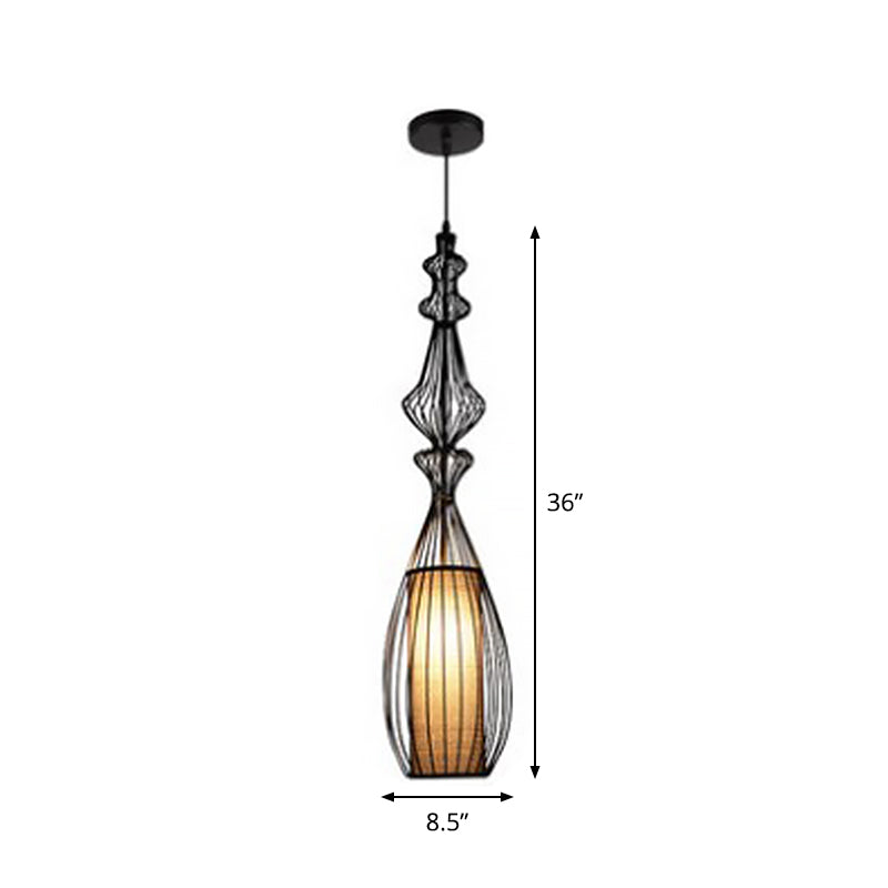 Gourd Shaped Iron Pendant Lighting Retro 1 Bulb Dining Room Ceiling Hanging Lantern with Fabric Shade Inside in Black