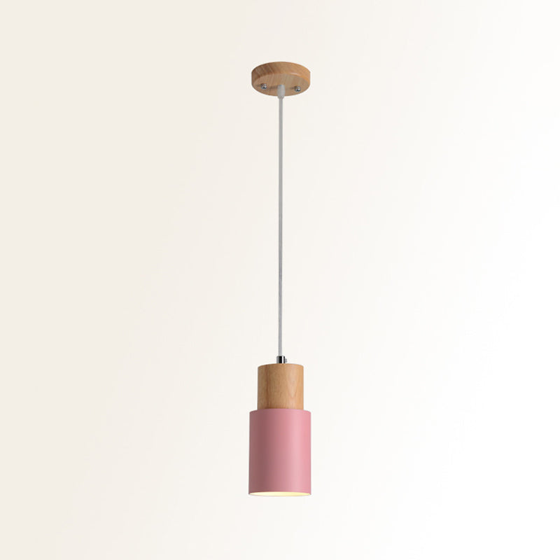 Tubular Ceiling Pendant Minimalist Metal 1-Light Suspension Lighting Fixture with Wood Top