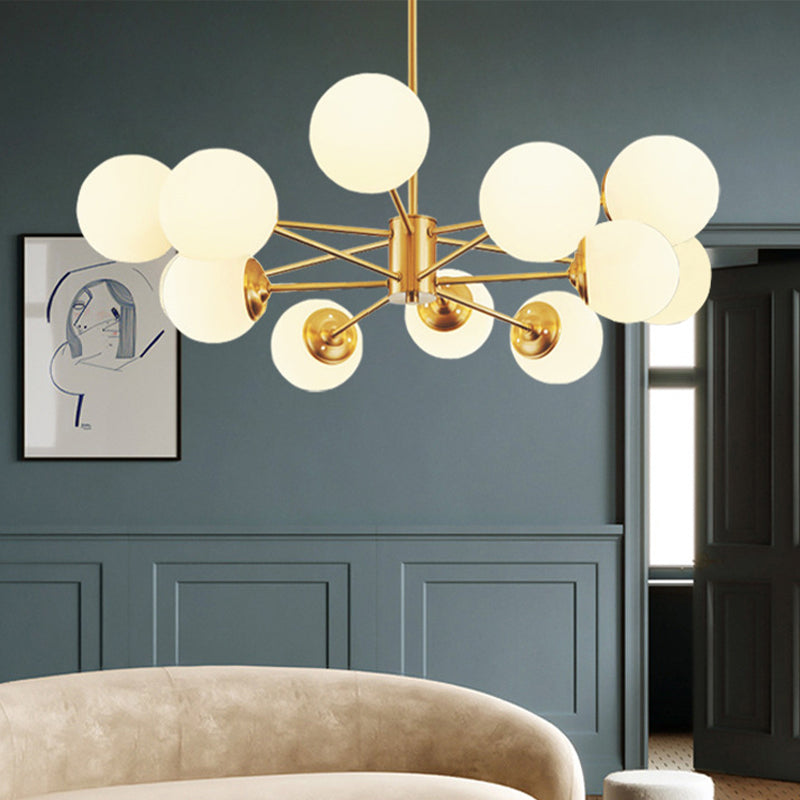 Radial Hanging Chandelier Nordic Metal Living Room Suspension Lamp with Ball Cream Glass Shade in Brass