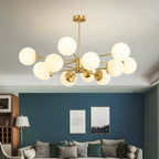Radial Hanging Chandelier Nordic Metal Living Room Suspension Lamp with Ball Cream Glass Shade in Brass