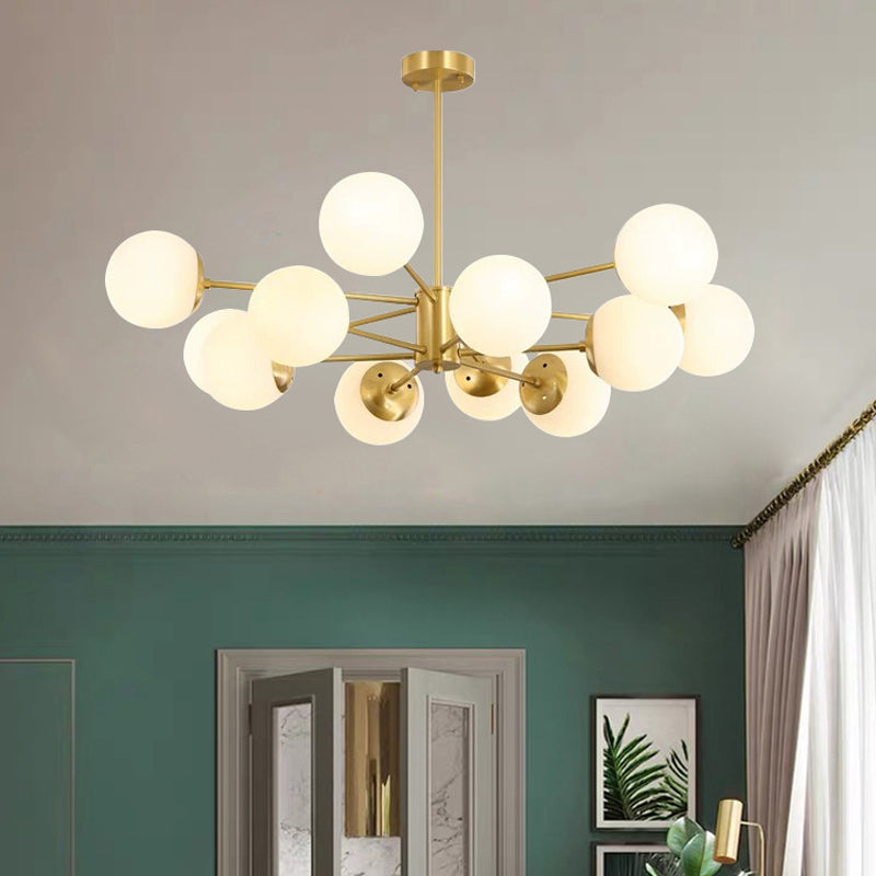 Radial Hanging Chandelier Nordic Metal Living Room Suspension Lamp with Ball Cream Glass Shade in Brass