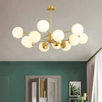 Radial Hanging Chandelier Nordic Metal Living Room Suspension Lamp with Ball Cream Glass Shade in Brass