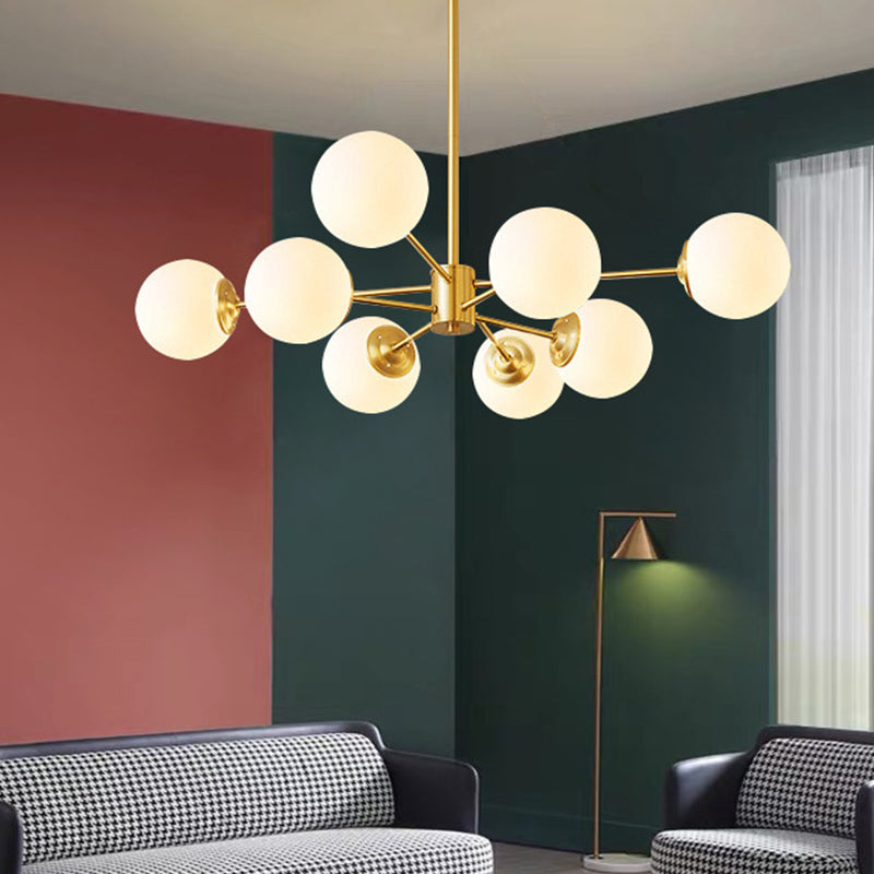 Radial Hanging Chandelier Nordic Metal Living Room Suspension Lamp with Ball Cream Glass Shade in Brass