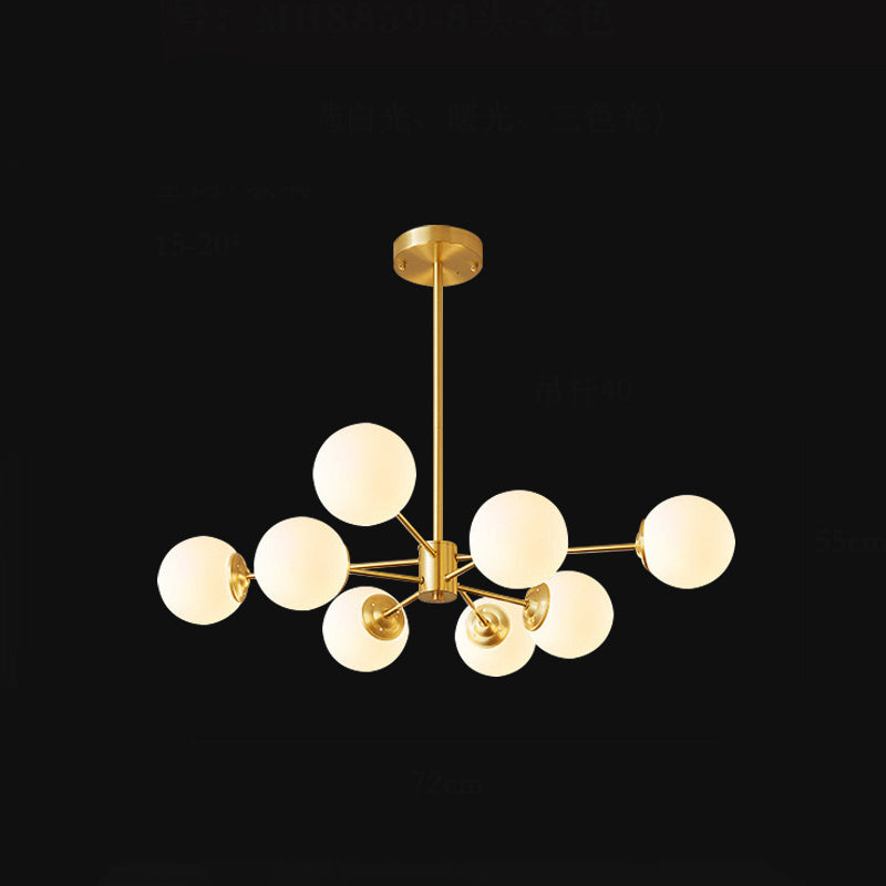 Radial Hanging Chandelier Nordic Metal Living Room Suspension Lamp with Ball Cream Glass Shade in Brass