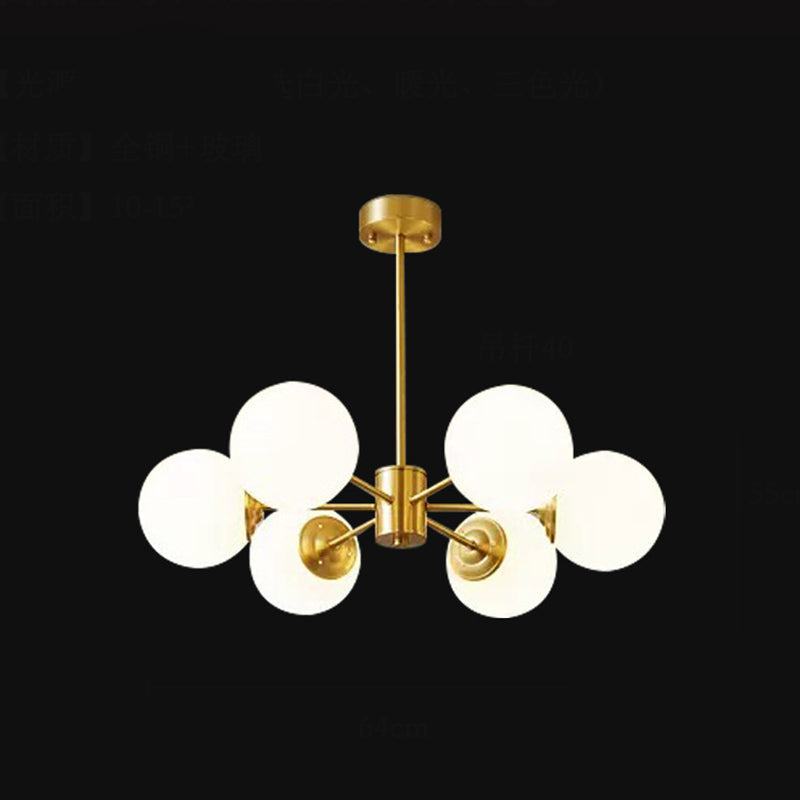 Radial Hanging Chandelier Nordic Metal Living Room Suspension Lamp with Ball Cream Glass Shade in Brass