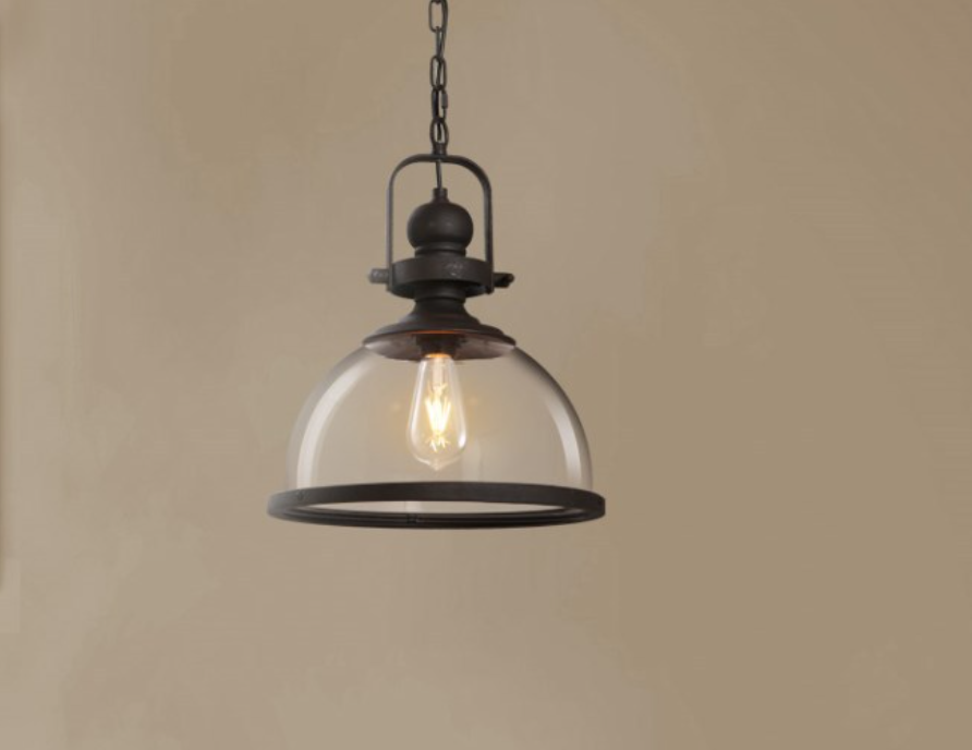 Industrial Style Pot Lid Pendant Lamp 1-Light Clear Glass Ceiling Fixture with Handle in Black