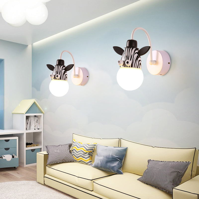 Kids Style Animal Sconce Lamp Metallic 1 Bulb Childrens Bedroom Wall Mount Lighting in White