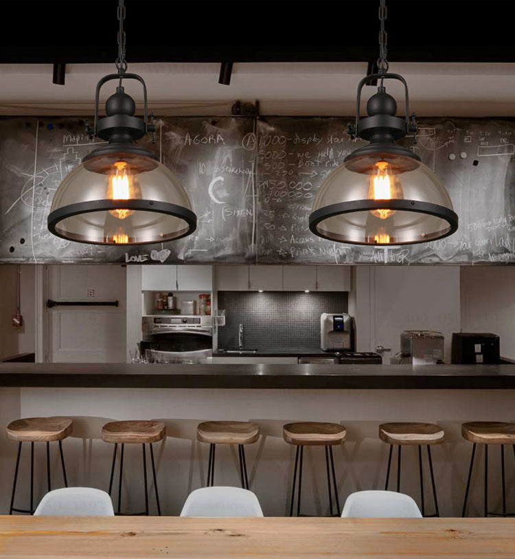 Industrial Style Pot Lid Pendant Lamp 1-Light Clear Glass Ceiling Fixture with Handle in Black