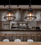 Industrial Style Pot Lid Pendant Lamp 1-Light Clear Glass Ceiling Fixture with Handle in Black