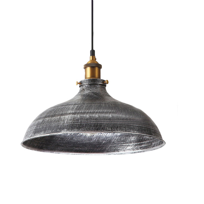 Silver Gray 1 Bulb Pendant Lamp Antique Style Metal Bowl Shade Hanging Light with Plug-In Cord
