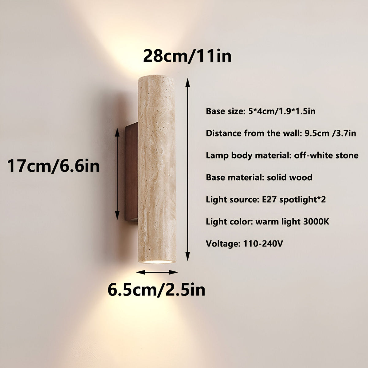 Japandi Tube Travertine Stone Minimalist Wall Light