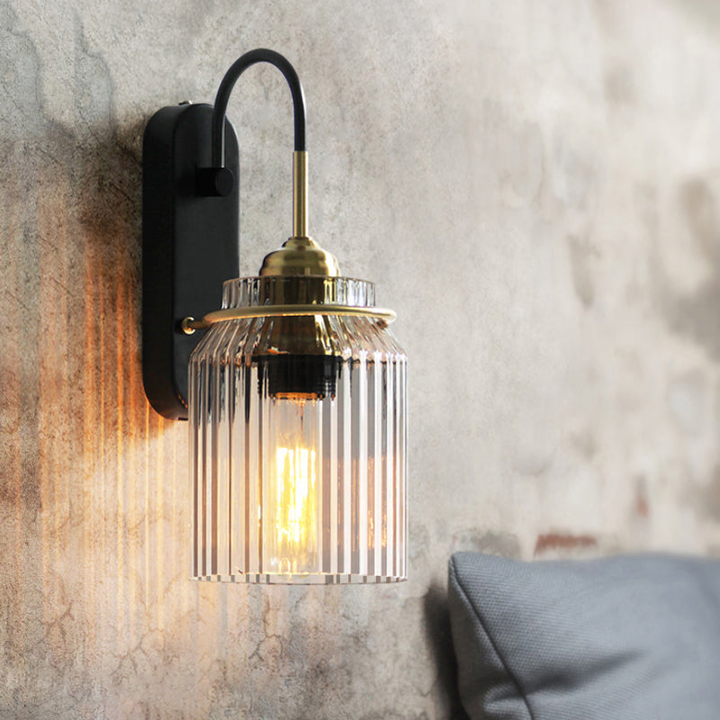 Clear Prismatic Glass Can Shape Sconce Farmhouse 1 Bulb Bedside Wall Mount Light in Black