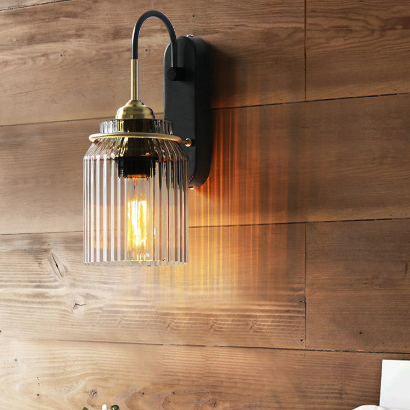 Clear Prismatic Glass Can Shape Sconce Farmhouse 1 Bulb Bedside Wall Mount Light in Black