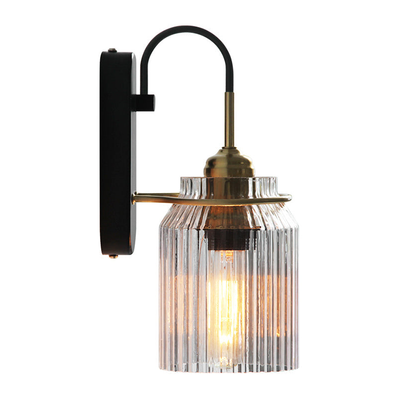Clear Prismatic Glass Can Shape Sconce Farmhouse 1 Bulb Bedside Wall Mount Light in Black