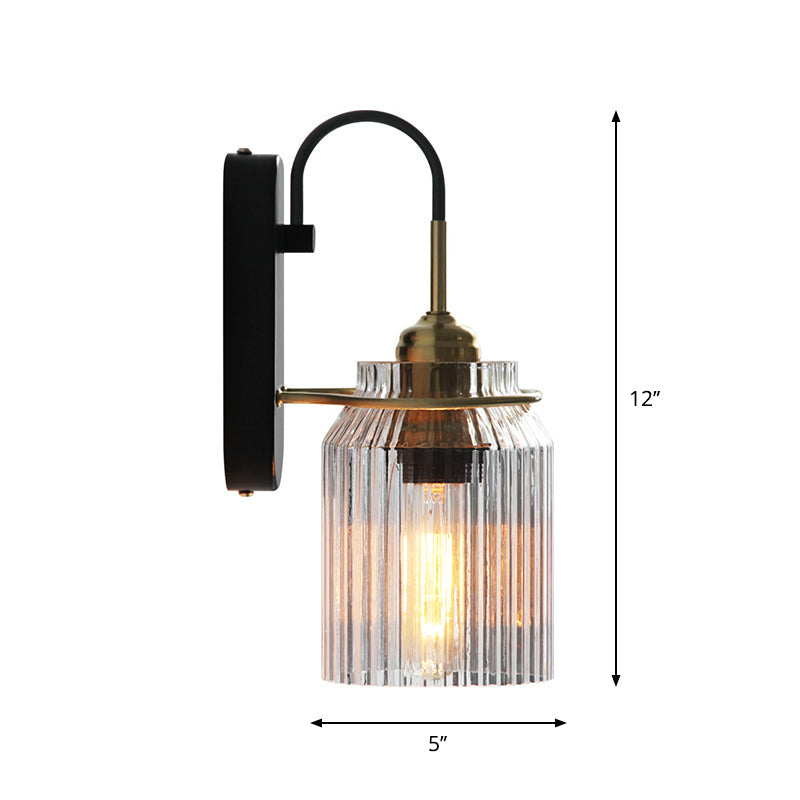 Clear Prismatic Glass Can Shape Sconce Farmhouse 1 Bulb Bedside Wall Mount Light in Black