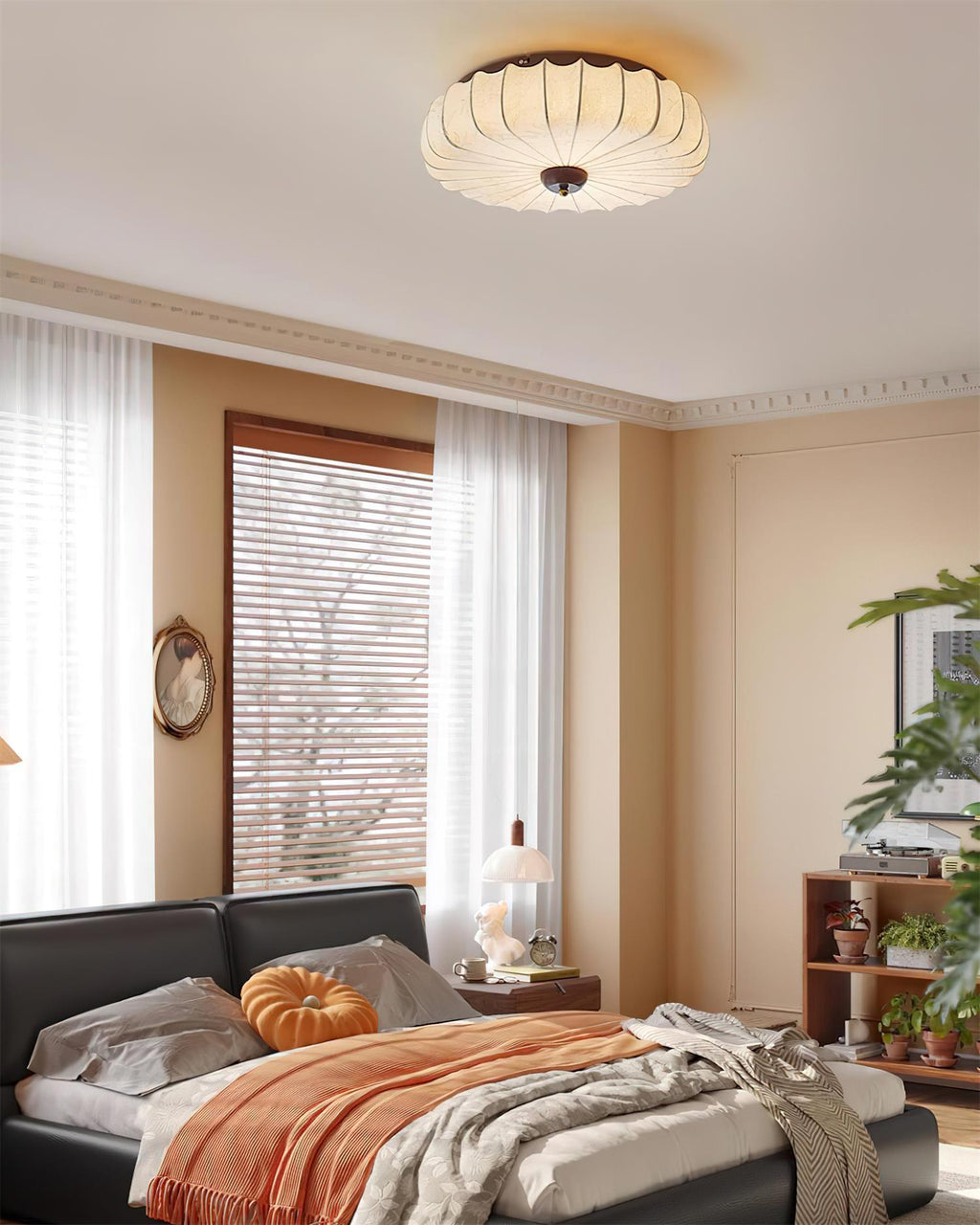 Ceiling Lamp Fabric Shade Pleated Lotus Shape Wooden Canopy