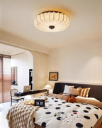 Ceiling Lamp Fabric Shade Pleated Lotus Shape Wooden Canopy
