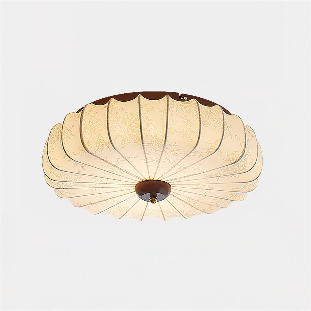 Ceiling Lamp Fabric Shade Pleated Lotus Shape Wooden Canopy