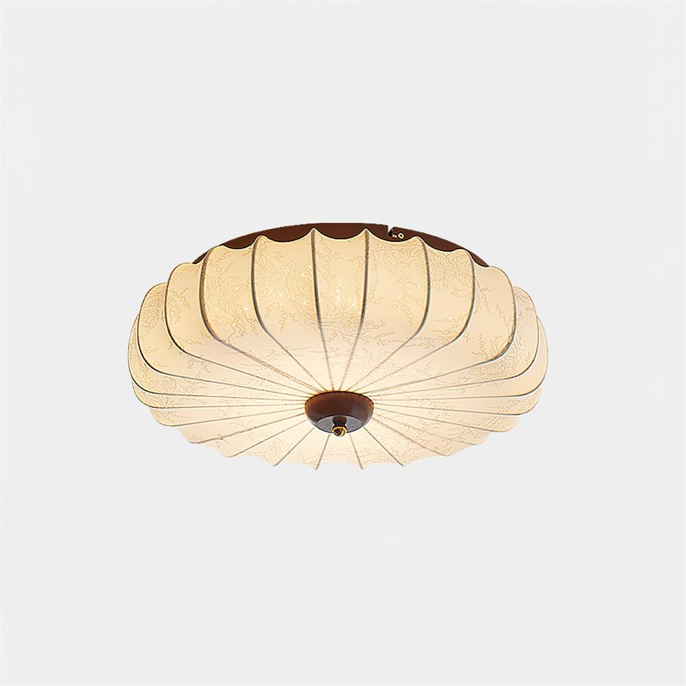 Ceiling Lamp Fabric Shade Pleated Lotus Shape Wooden Canopy