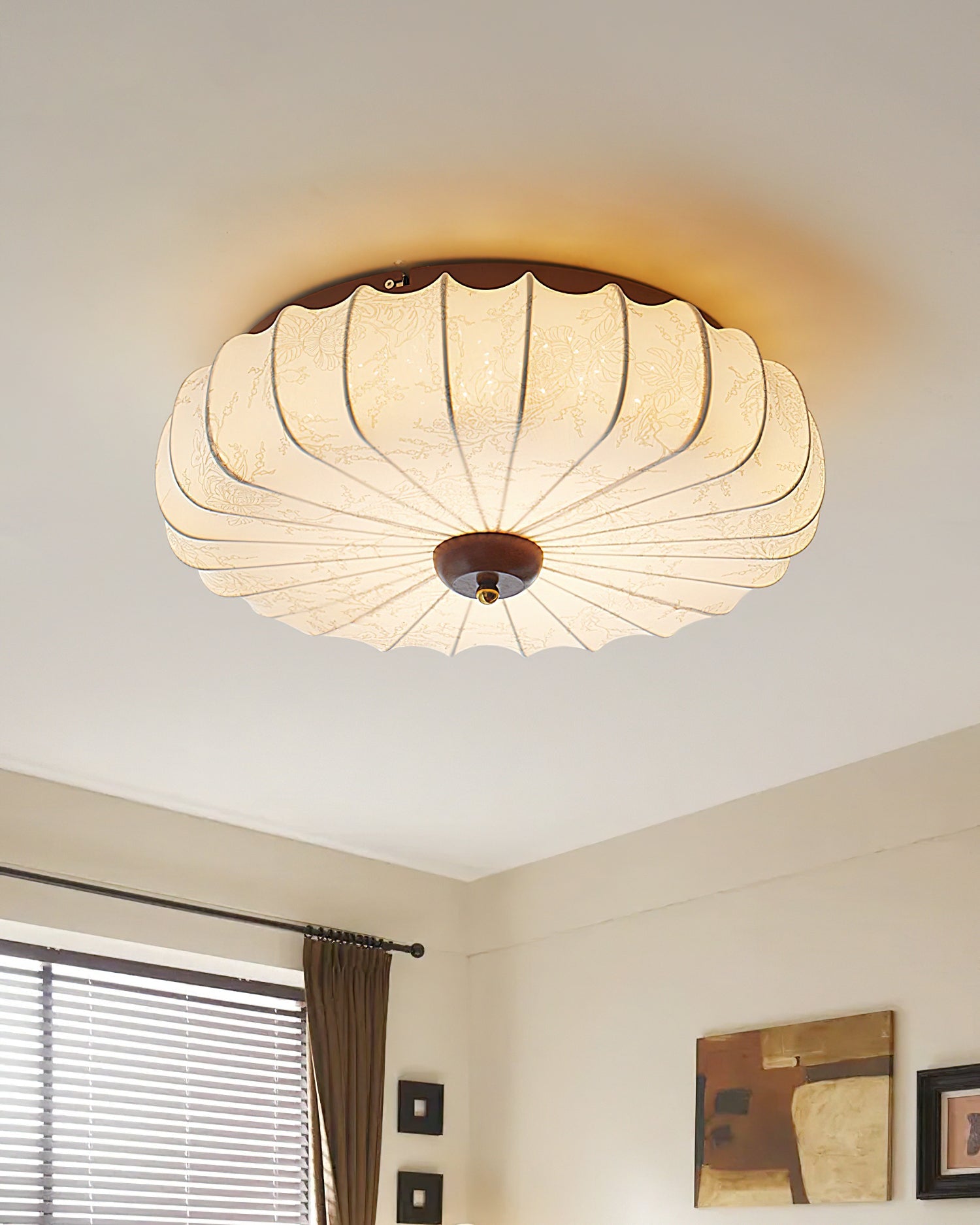 Ceiling Lamp Fabric Shade Pleated Lotus Shape Wooden Canopy