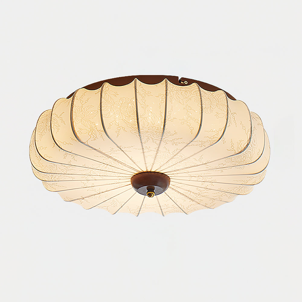 Ceiling Lamp Fabric Shade Pleated Lotus Shape Wooden Canopy
