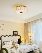 Ceiling Lamp Fabric Shade Pleated Lotus Shape Wooden Canopy