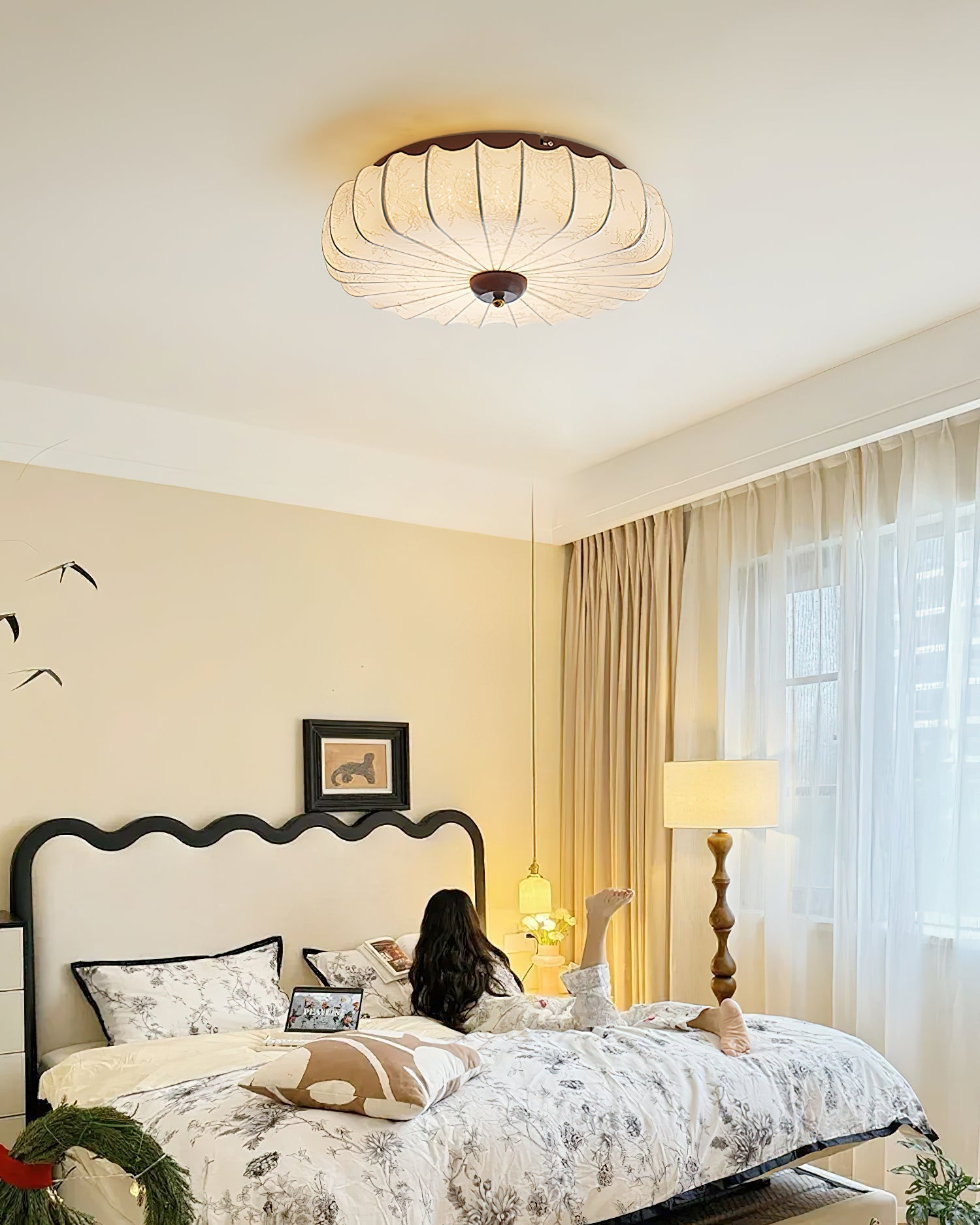 Ceiling Lamp Fabric Shade Pleated Lotus Shape Wooden Canopy