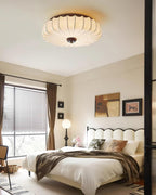 Ceiling Lamp Fabric Shade Pleated Lotus Shape Wooden Canopy