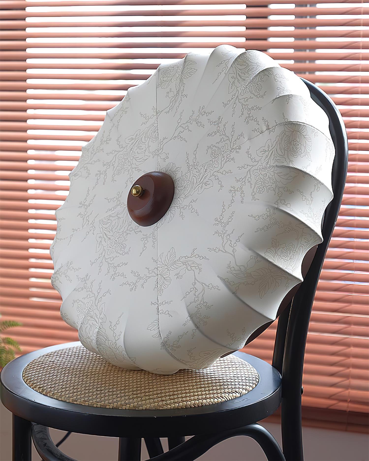 Ceiling Lamp Fabric Shade Pleated Lotus Shape Wooden Canopy