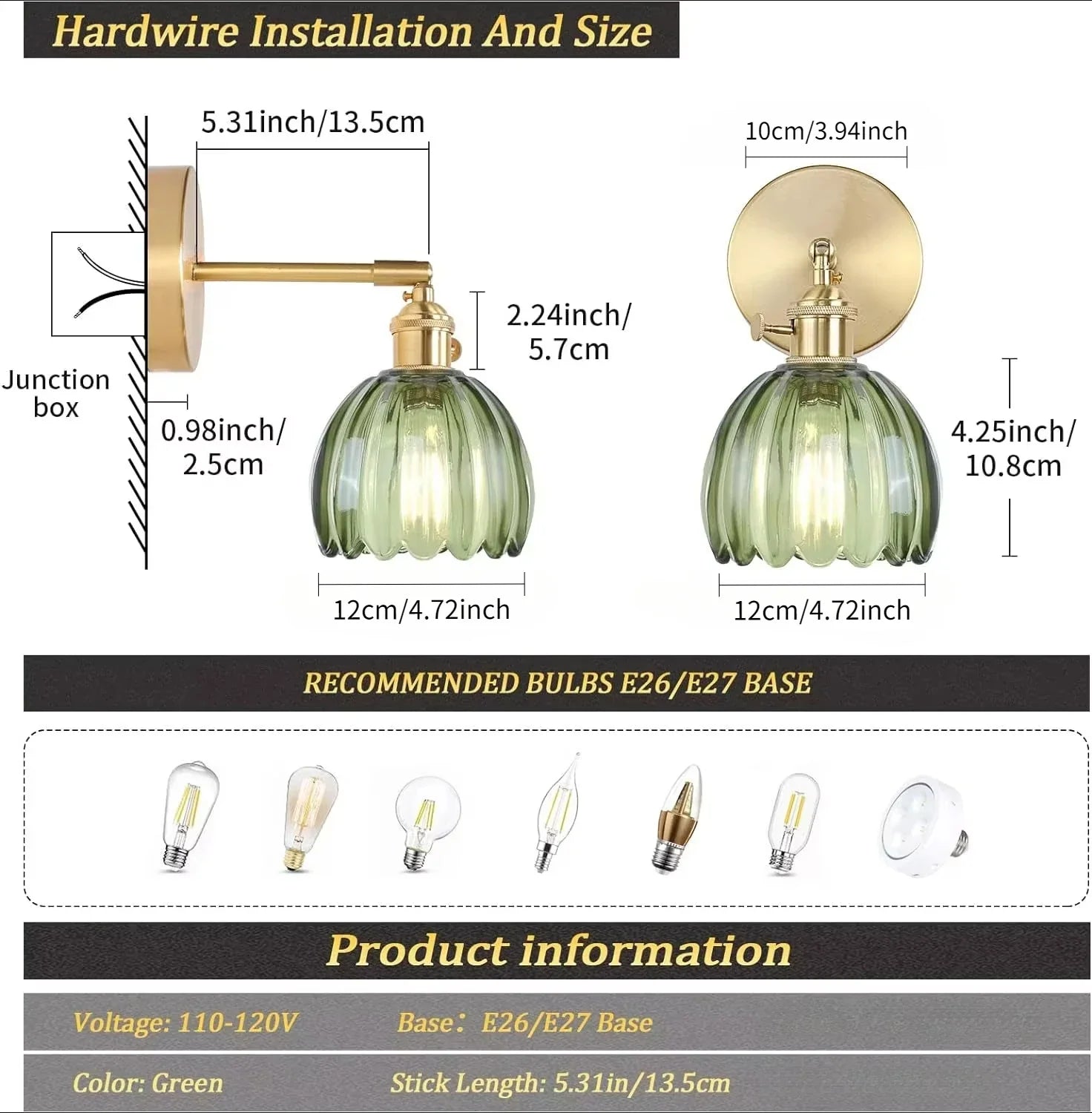 Retro wall lamp in the shape of a tulip flower – wall sconce with glass shade and gold finish